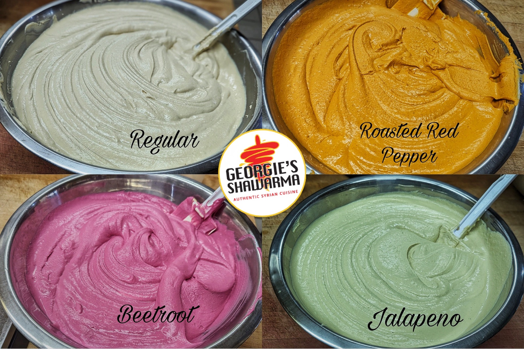 Colourful hummus flavours in containers