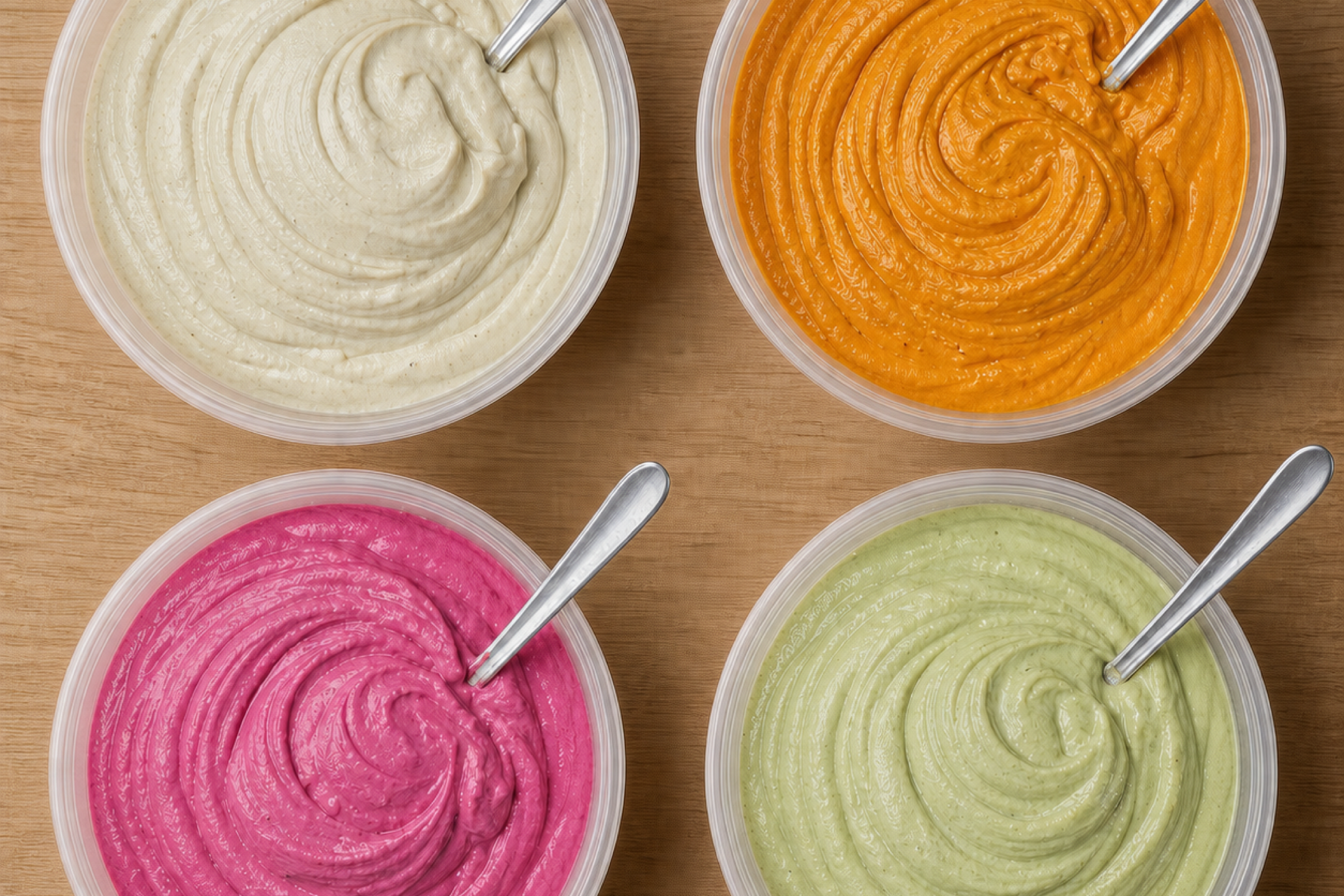 Four house-made hummus flavours ready for take-home at Georgie's.