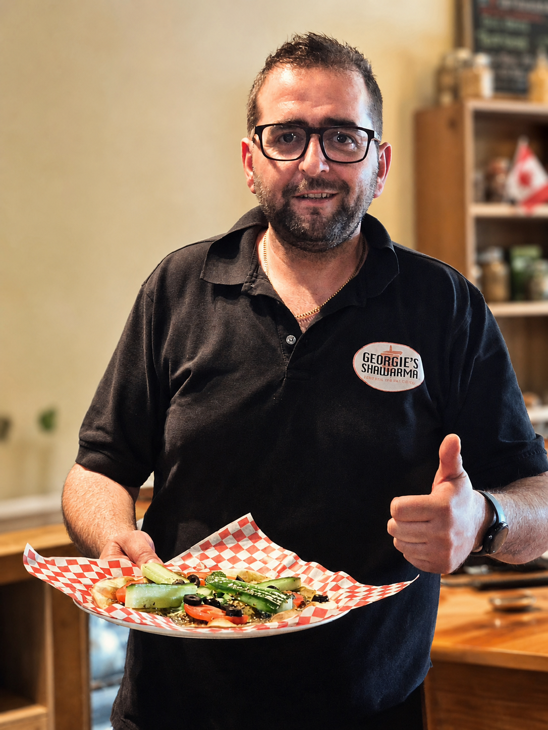 George holding a plate of shawarma and giving a thumbs-up at Georgie's.
